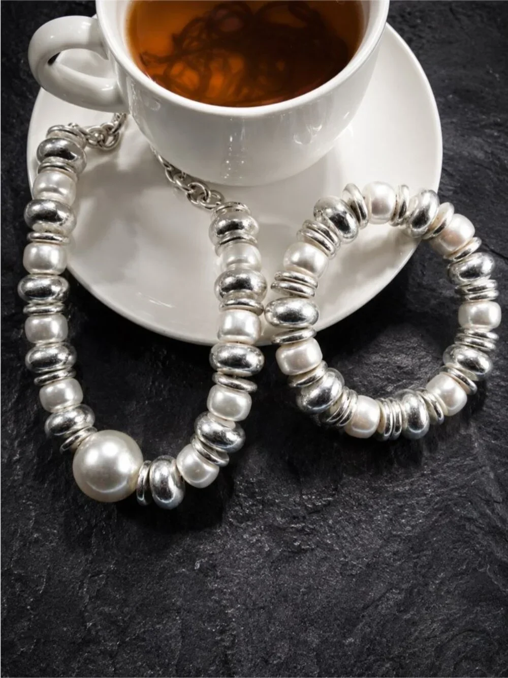Silver tone and Pearl accent Statement Necklace & Bracelet Set